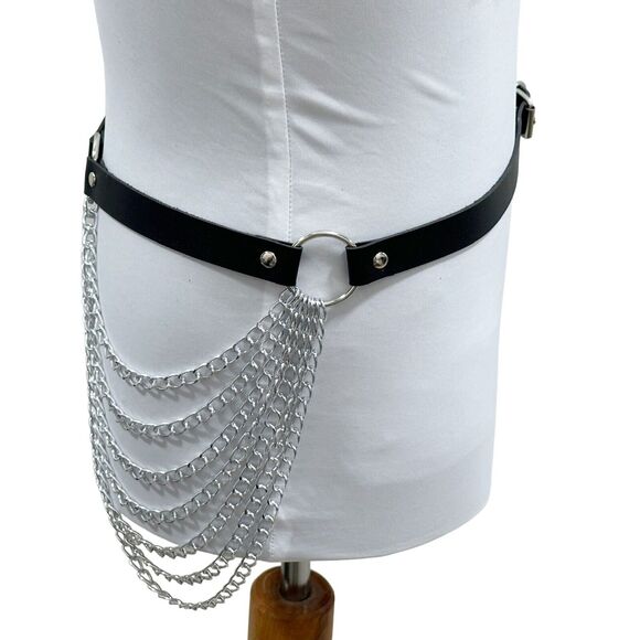 Black Faux Leather Draped Chain Belt Goth Punk Alternative One Size (OS) ✨ - Picture 12 of 12